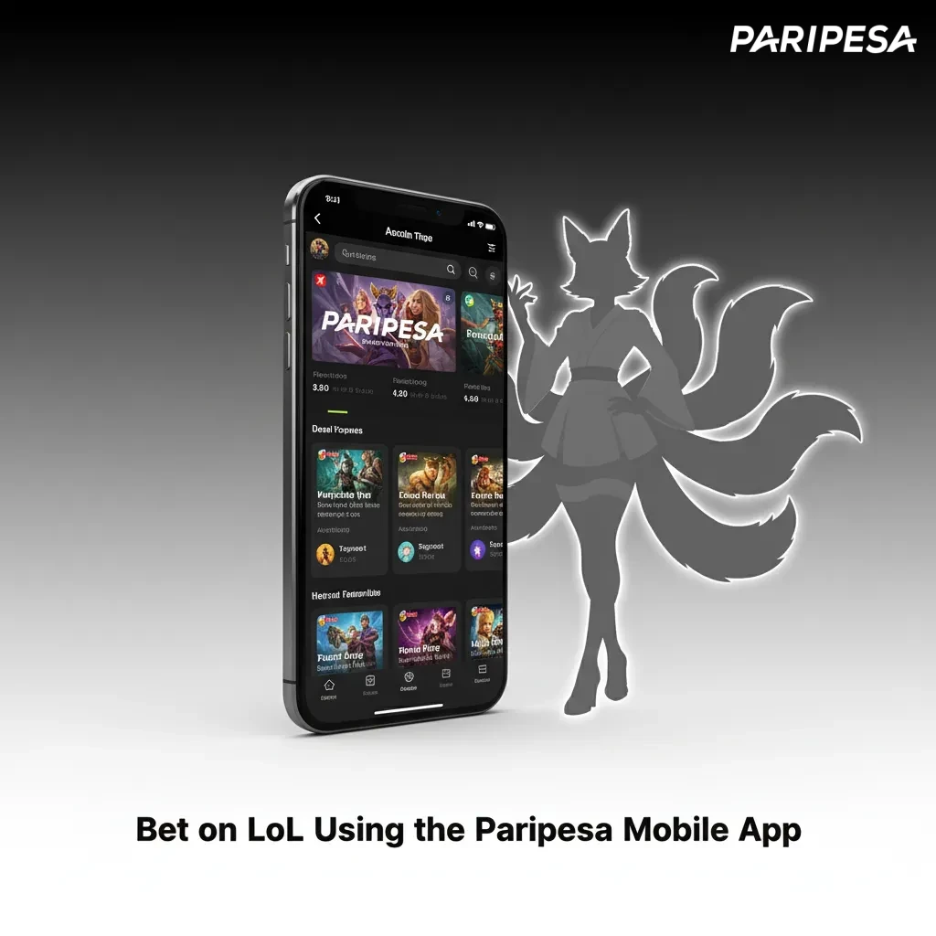 Phone showing Paripesa app with LoL live odds, LCK/LPL leagues, and markets like Match Winner and First Dragon.