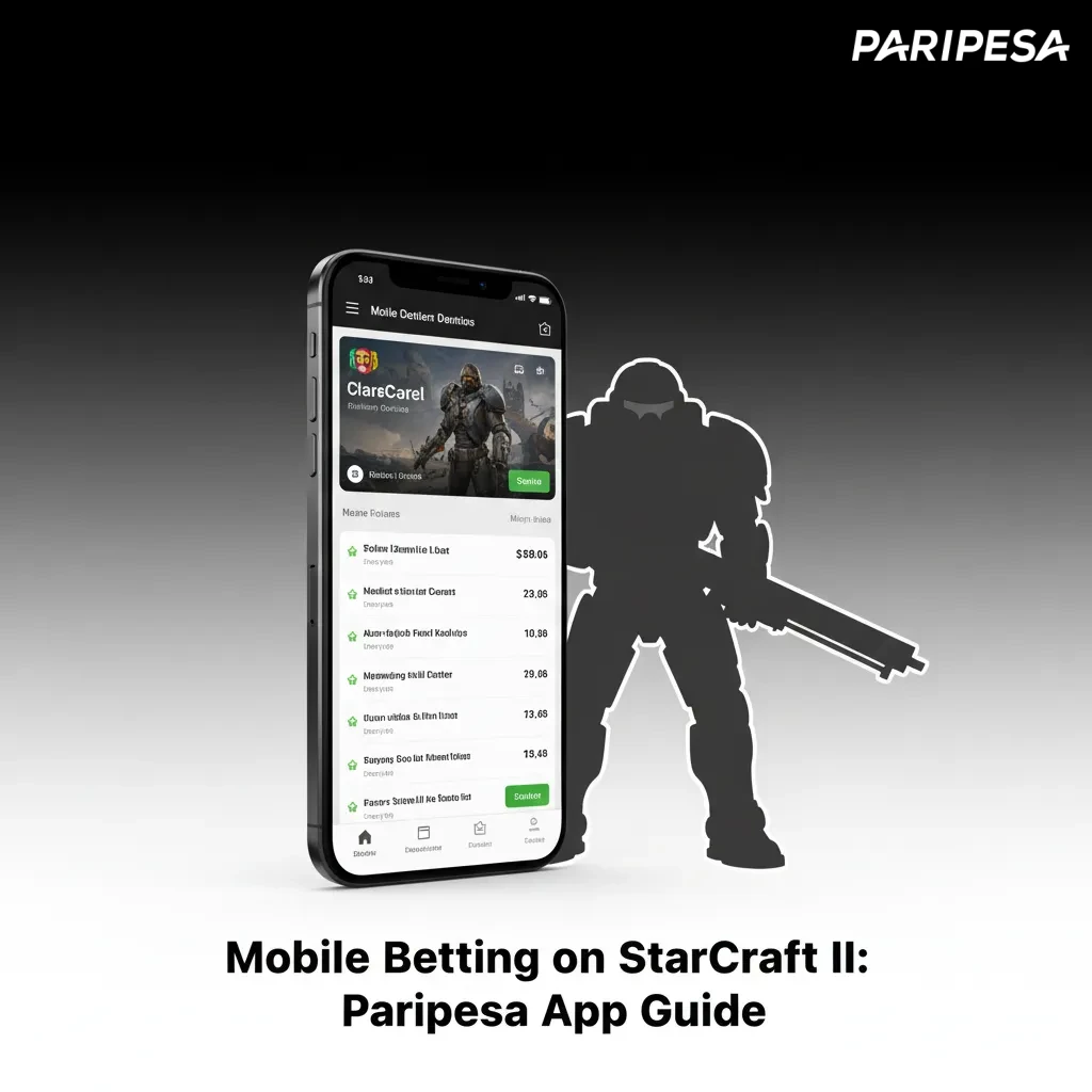 Smartphone showing Paripesa app with StarCraft II live betting odds, bet slip, and cash out controls.
