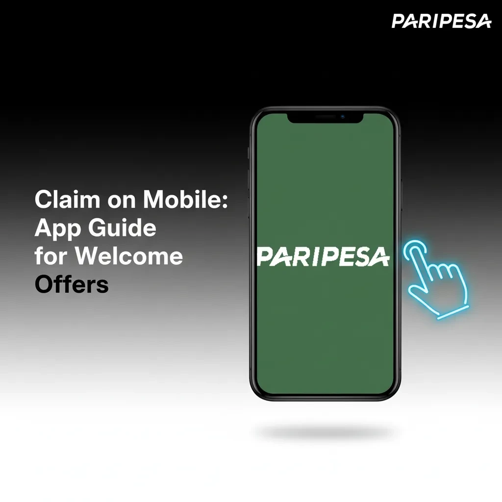 Phone showing Paripesa app guide: install, sign up, pick Sports/Casino welcome bonus, deposit, then check bonus wallet.
