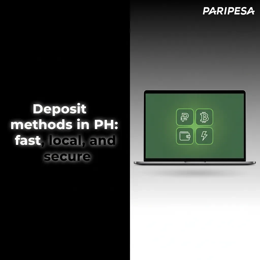 Graphic showing Paripesa PH deposit steps: choose local bank/e-wallet/card/crypto, enter PHP amount, confirm, check balance.