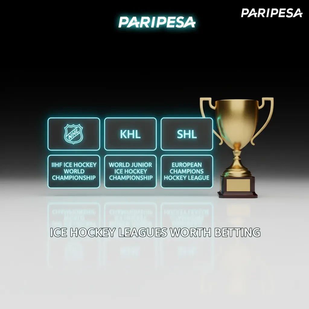 Collage of NHL, KHL, IIHF, Olympics, SHL, Liiga, CHL badges with betting odds, puck, and rink graphics.