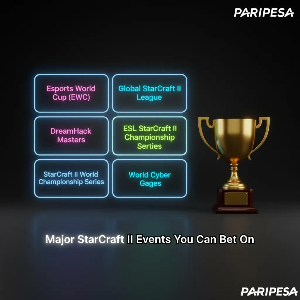 Infographic of major SC2 betting events: EWC, GSL, ESL Masters, IEM Katowice, TSL, WTL, HomeStory Cup.