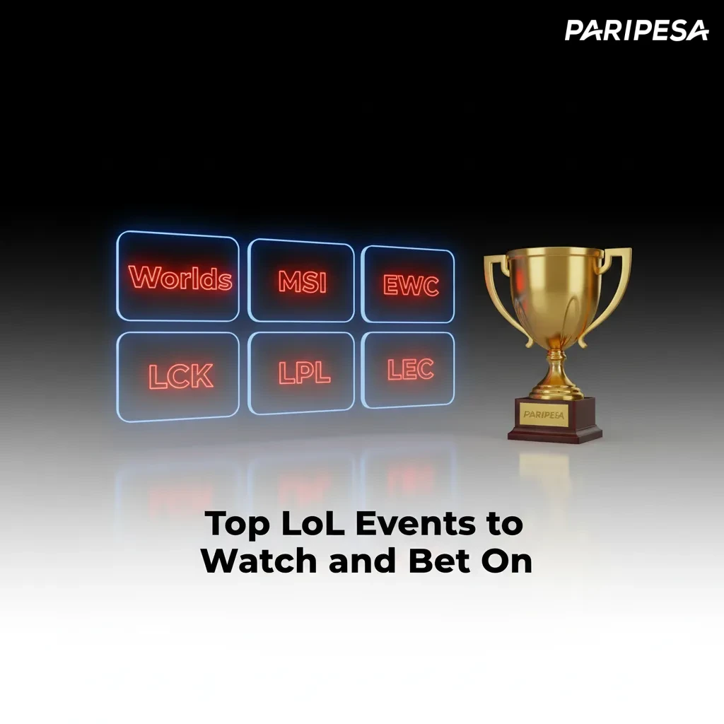 Infographic of top LoL events to watch and bet on: Worlds, MSI, EWC, LCK, LPL, LEC; pre-match and live markets.