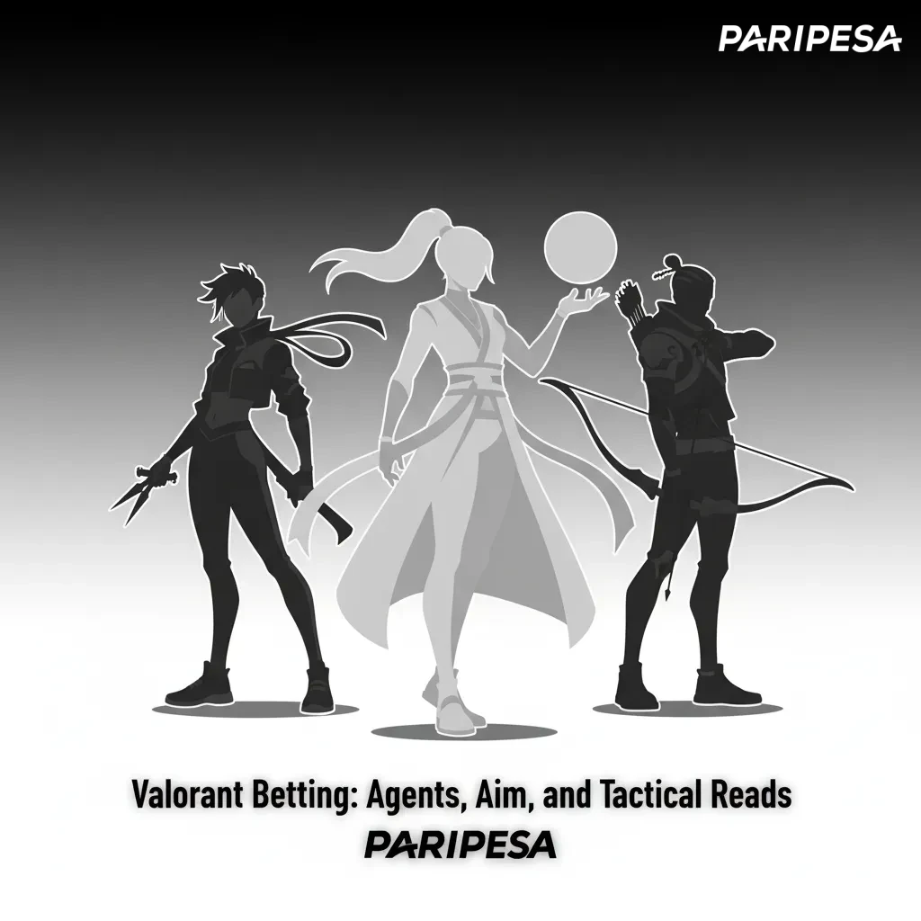 Valorant betting graphic with agents, crosshair, odds for maps/rounds, live momentum chart, Champions, VCT Masters.