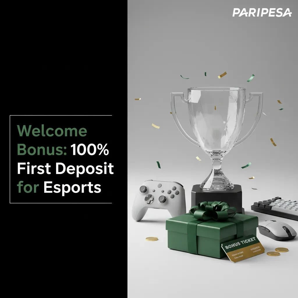 Promo banner: 100% first deposit bonus for esports betting. Steps to claim and terms apply.